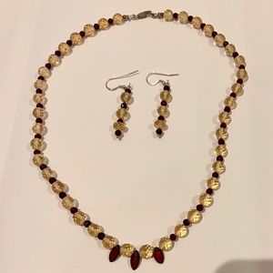 Red and gold handmade beaded necklace and drop earring set